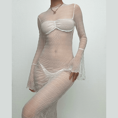 Long flared sleeve textured see through maxi dress