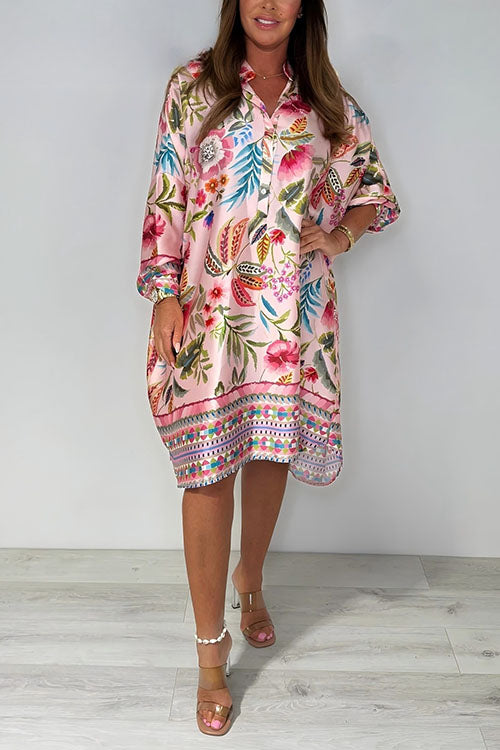 Button Up Long Sleeves Floral Print Satin Shirt Dress