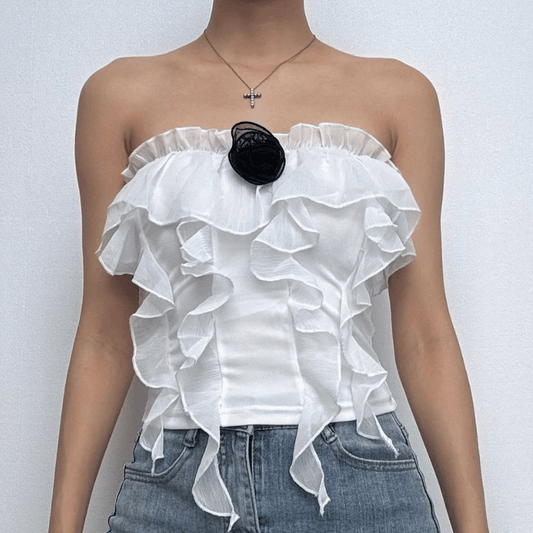 Rose applique ruffle ruched tube top
