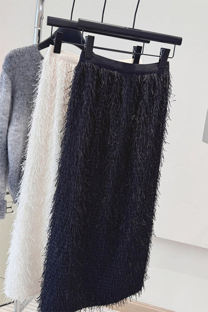 Elastic Waist Fringed Maxi Skirt
