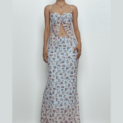 Print ruched high slit sweetheart neck mesh cami maxi skirt set