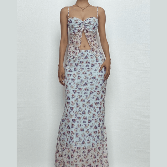 Print ruched high slit sweetheart neck mesh cami maxi skirt set