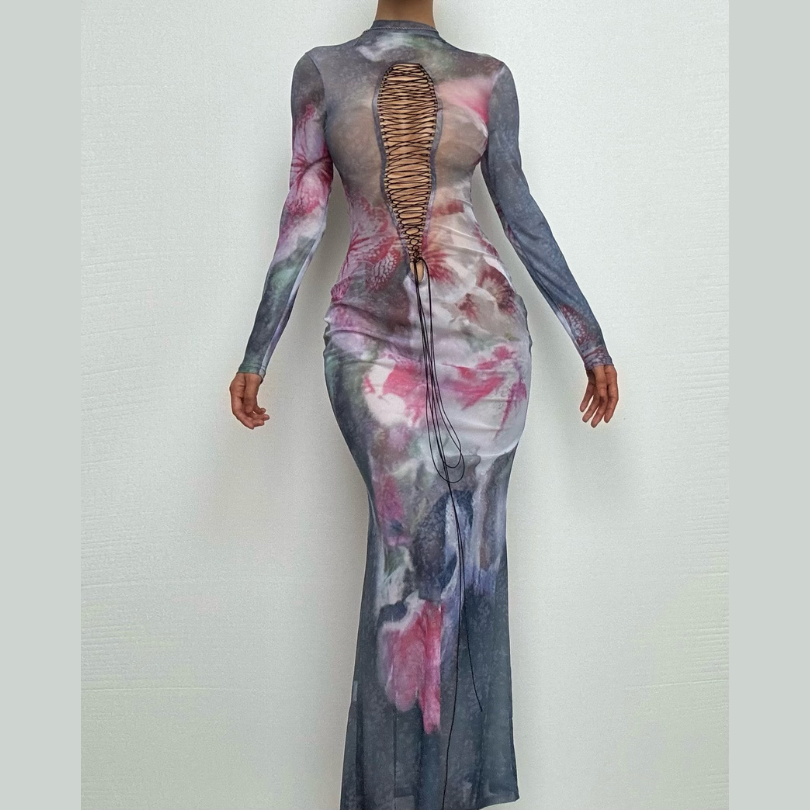 Long sleeve print sheer mesh lace up maxi dress