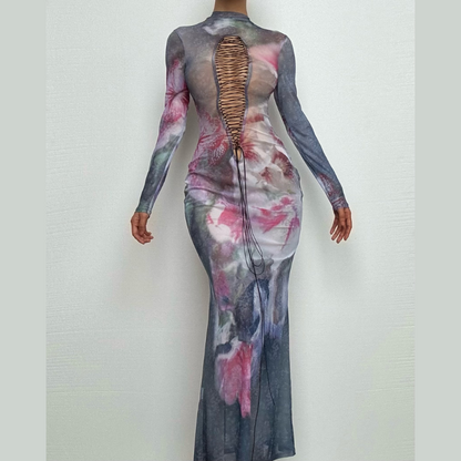 Long sleeve print sheer mesh lace up maxi dress