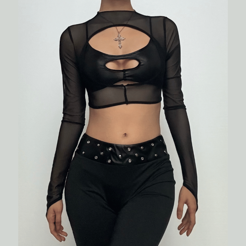 Long sleeve high neck hollow out gloves crop cut out top
