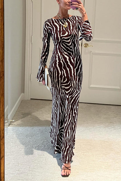 Meridress Boat Neck Bell Sleeves Animal Print Maxi Dress