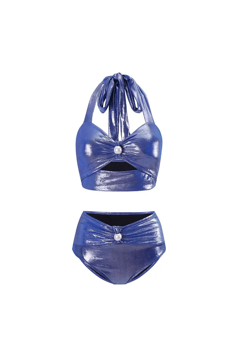 Glossy Mist Deep V Halter Pearl Swimsuit