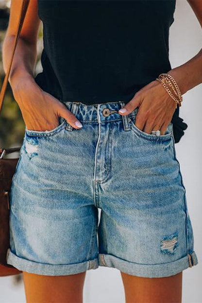 Meridress Rolled Hem Ripped Denim Shorts