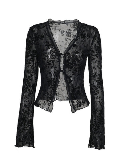 Deep V-neck Chiffon Burning Flowers Long Sleeve Designer Shirt