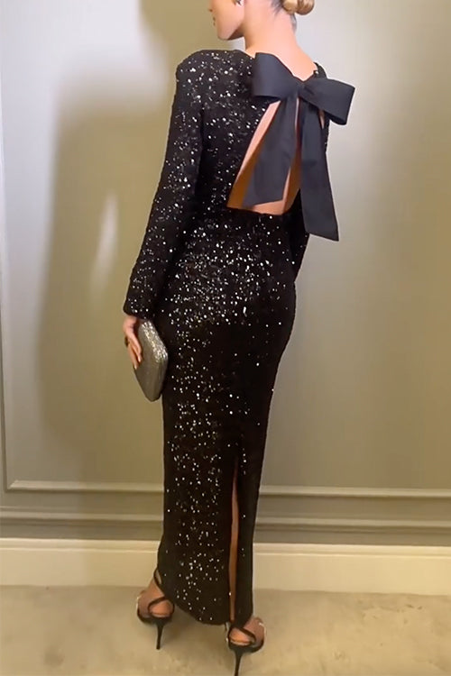 Bow Backless Sequin Bodycon Maxi Party Dress