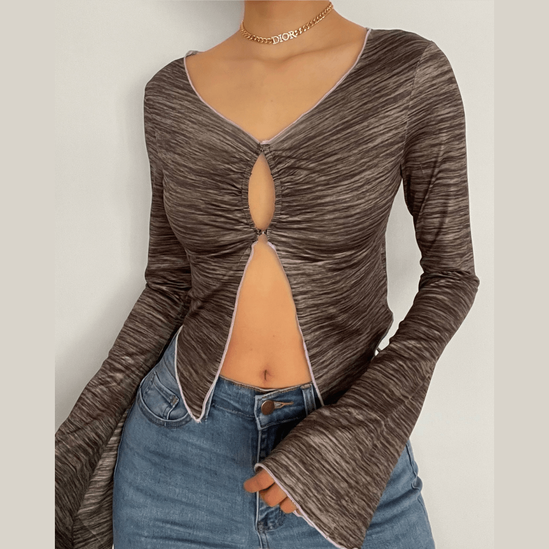 Long sleeve ruffled buttoned slit top