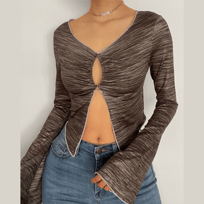 Long sleeve ruffled buttoned slit top