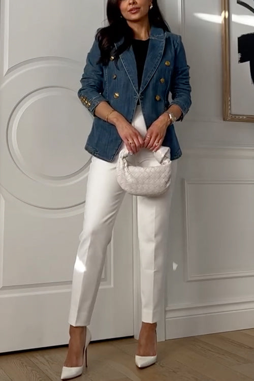 Notch Collar Double Breasted Denim Blazer