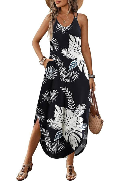 Casual V-neck halter slit bohemian beach resort maxi dress