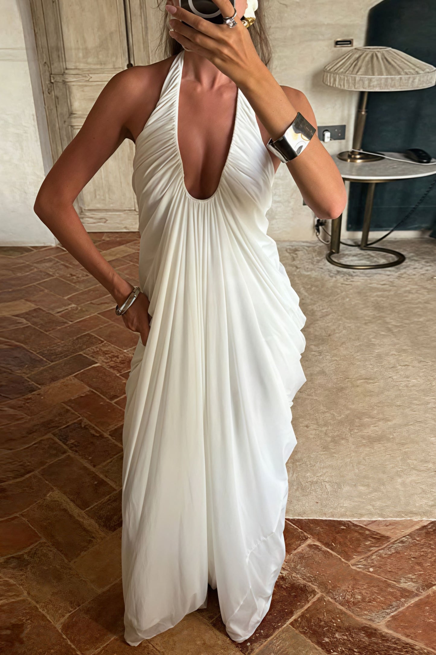 Loose V Neck Ruffled Halter Tulle Maxi Dress