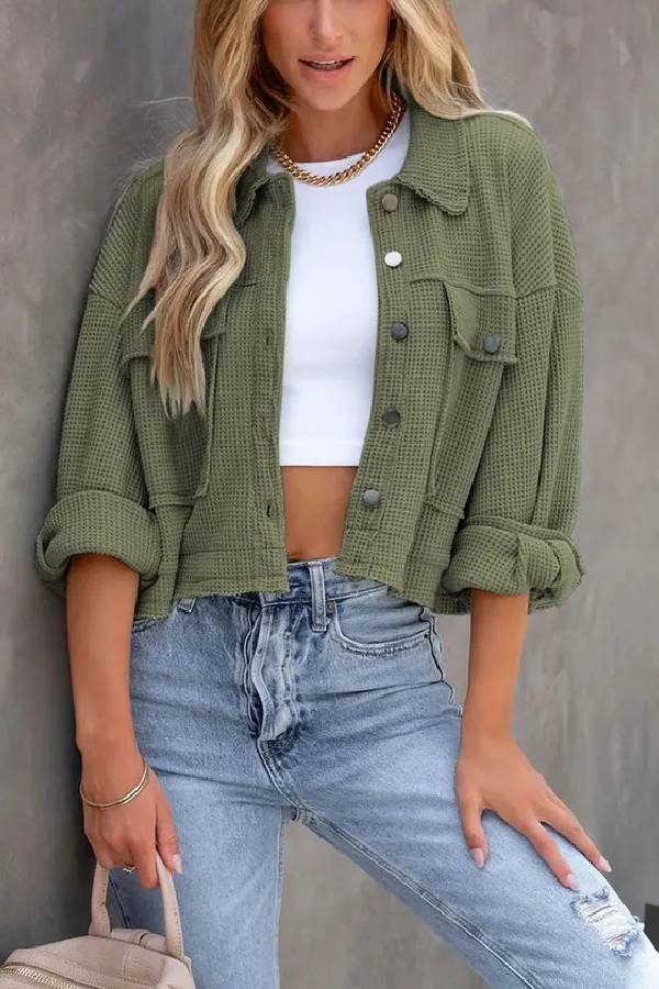 Women's Waffle Cardigan Short Top Jacket