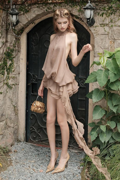 Chiffon Halter High Neck Tiered Ruffle Asymmetrical Hem Mini Dress