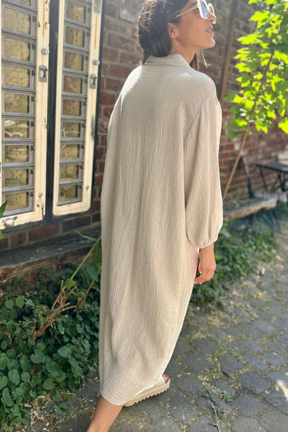 White Textured Turn Down Collar Long Shirt Dress