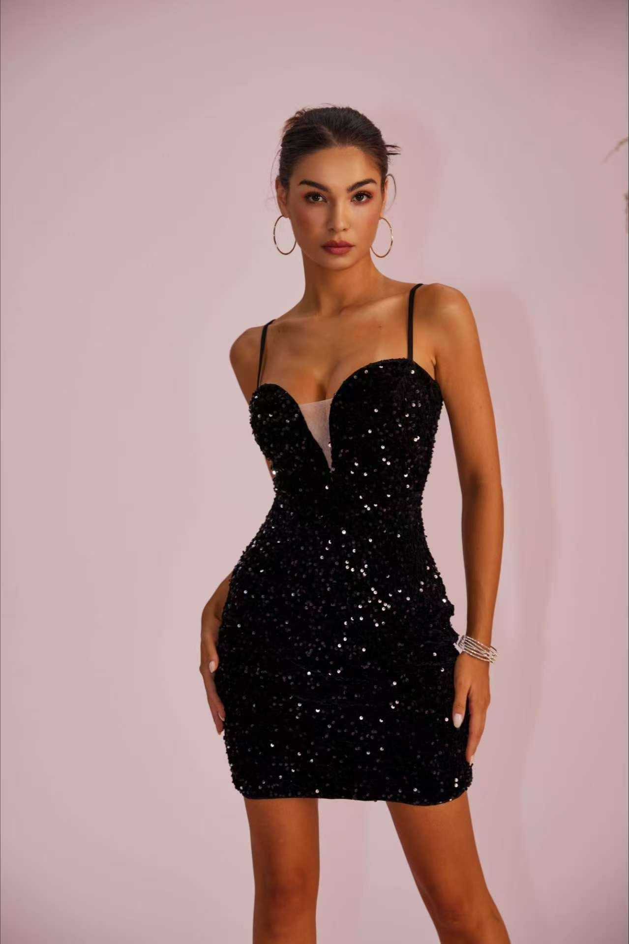 Sequin Panel Sheer Slim-Fit Split Cami Party Dress