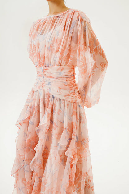 Puff Long Sleeve Tiered Ruffle Hem Maxi Dress Pink