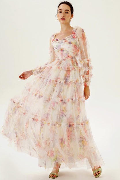 Floral Long Sleeve Ruffle Hem Maxi Dress Pink