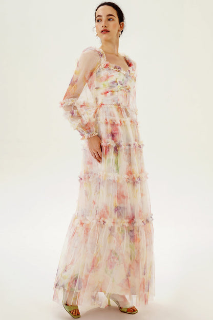 Floral Long Sleeve Ruffle Hem Maxi Dress Pink