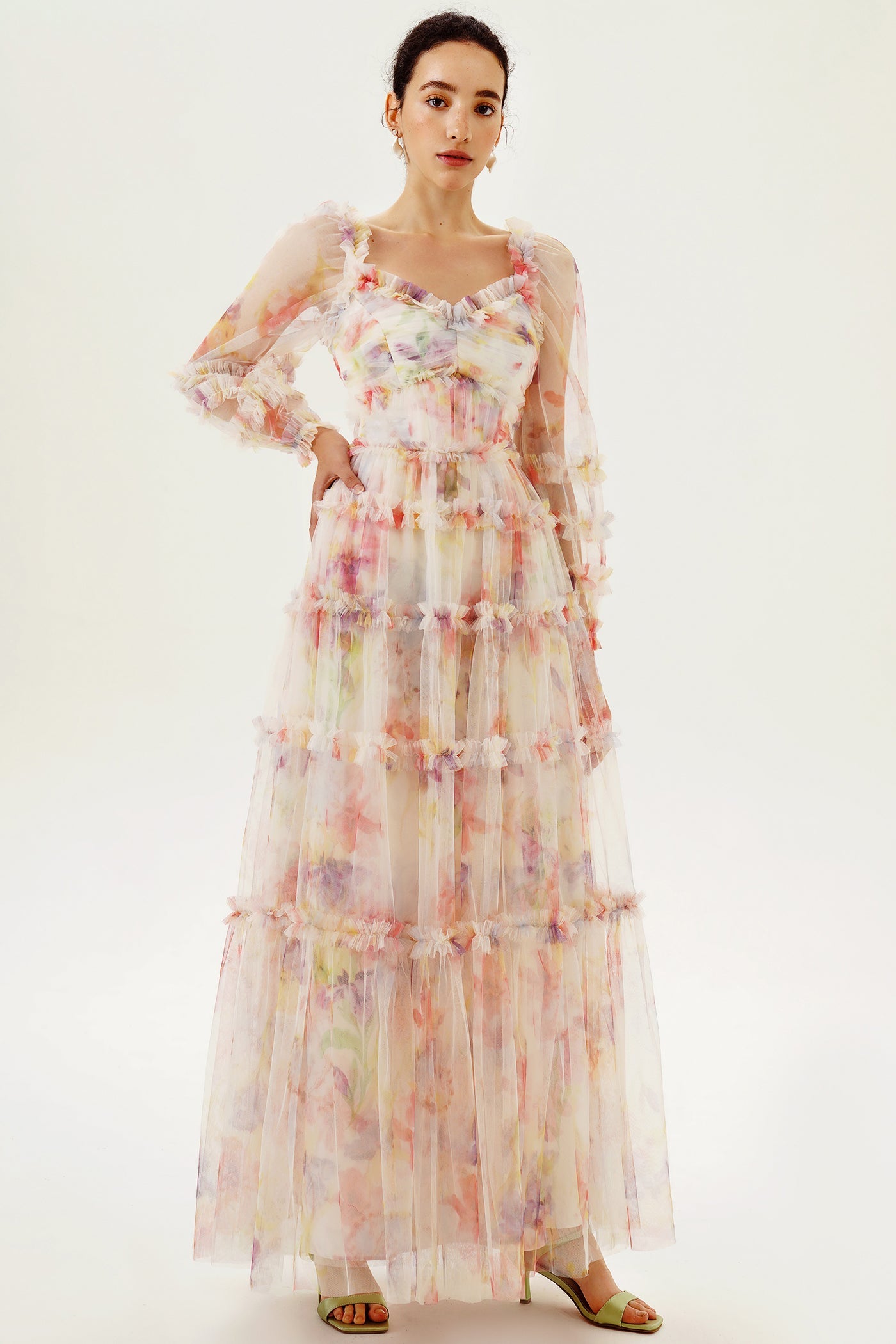 Floral Long Sleeve Ruffle Hem Maxi Dress Pink