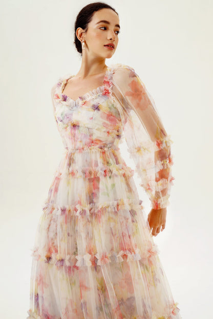 Floral Long Sleeve Ruffle Hem Maxi Dress Pink