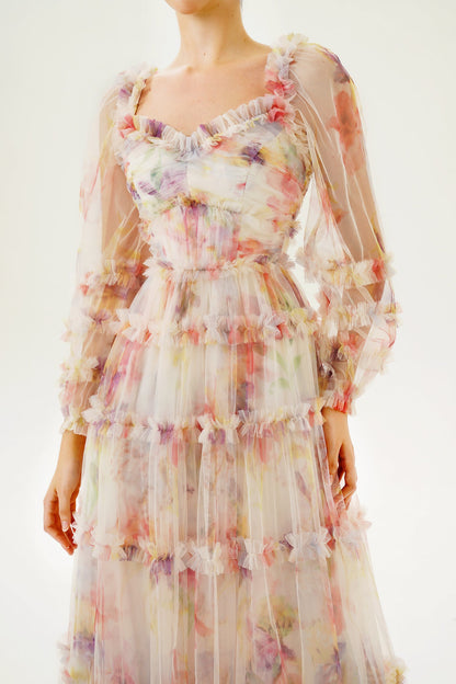 Floral Long Sleeve Ruffle Hem Maxi Dress Pink