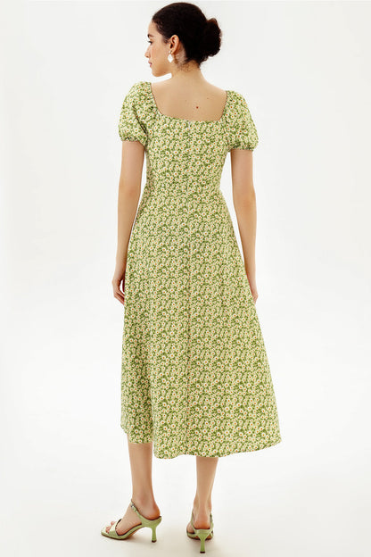 Floral Slit Puff Sleeve Midi Dress