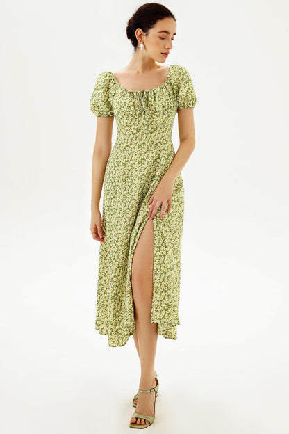Floral Slit Puff Sleeve Midi Dress