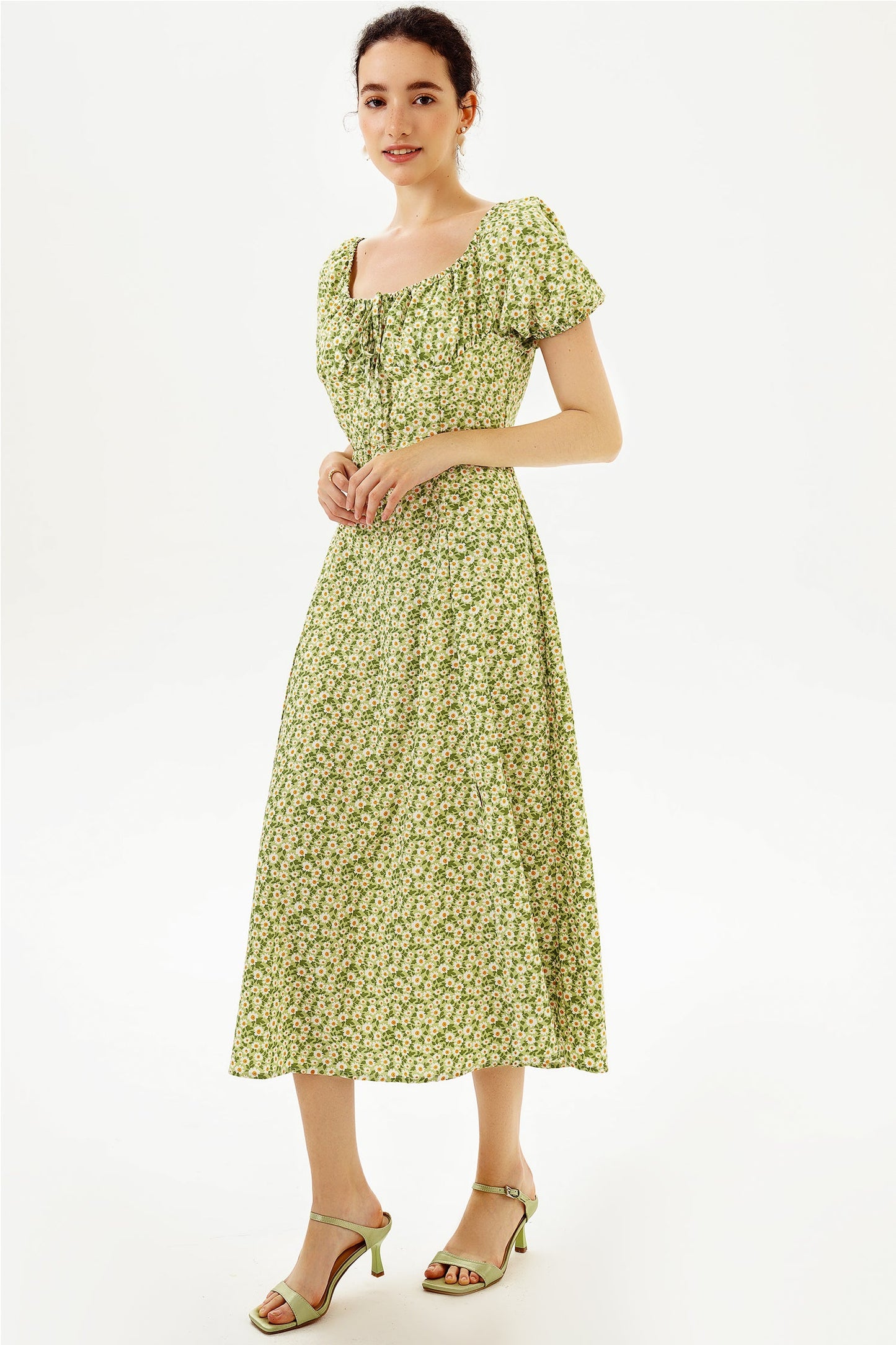 Floral Slit Puff Sleeve Midi Dress