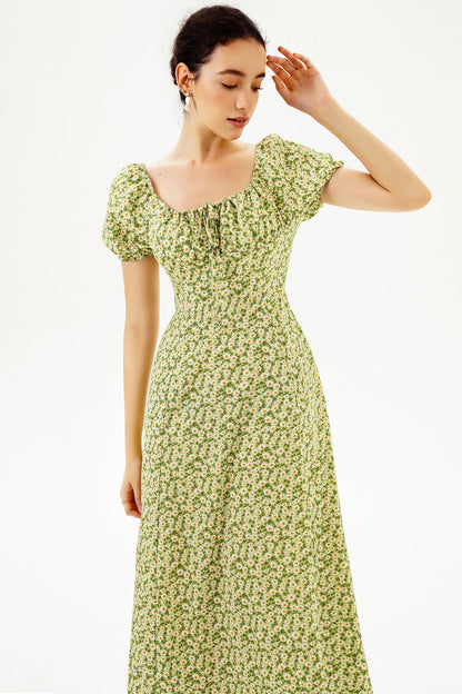 Floral Slit Puff Sleeve Midi Dress