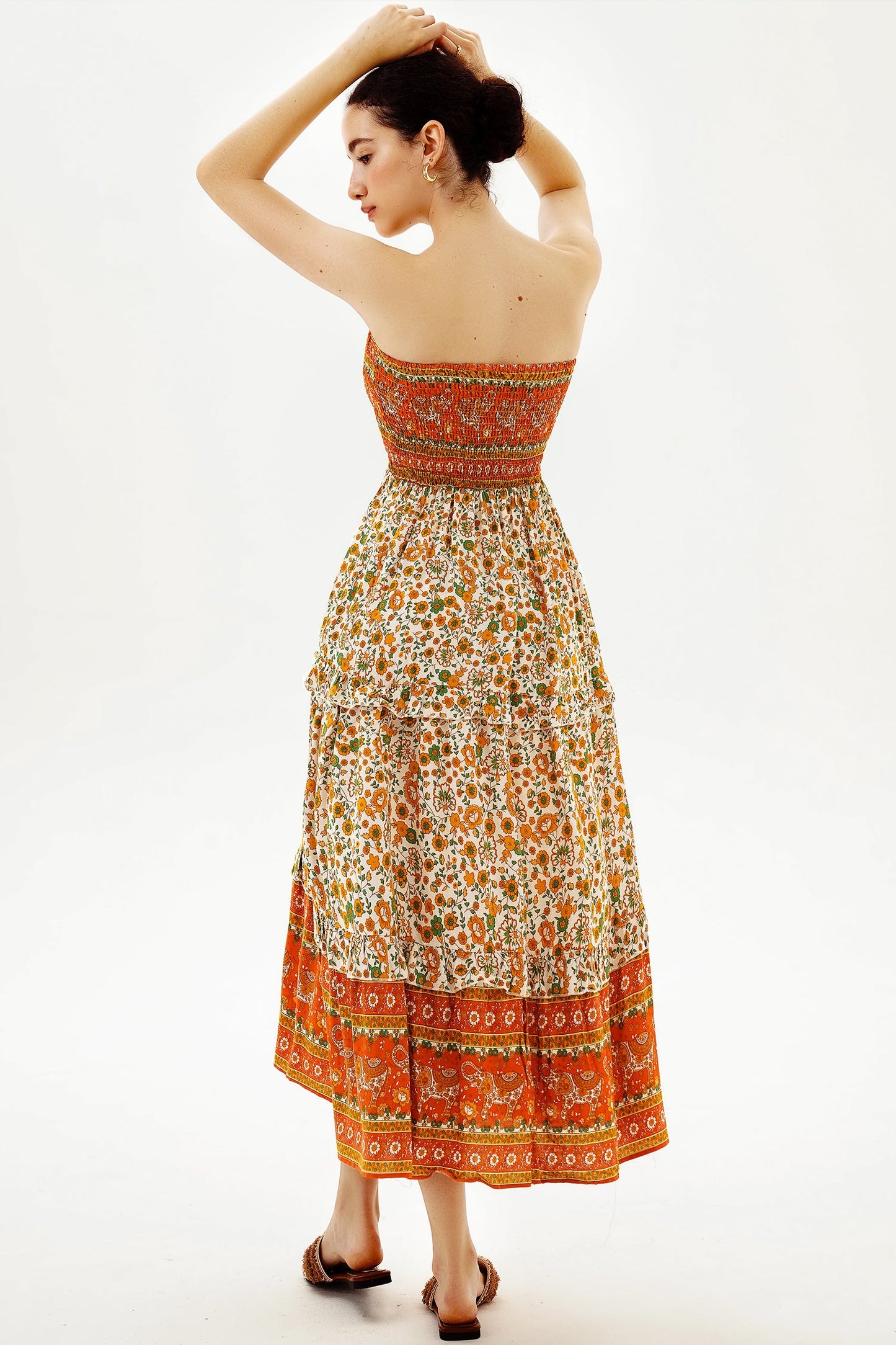 Floral Tube Top Smocked Elastic Midi Dress
