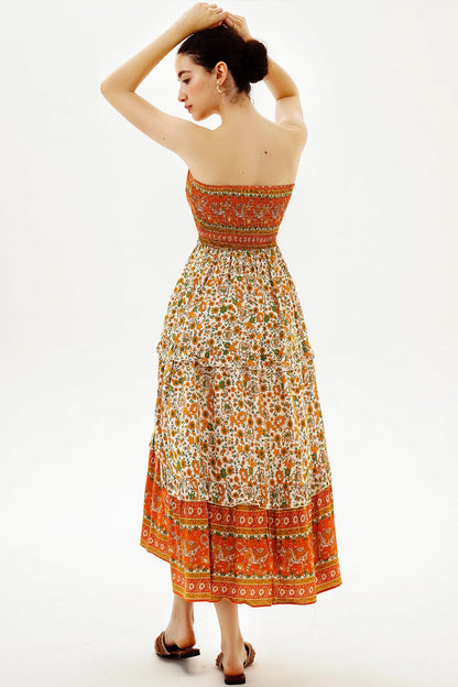 Floral Tube Top Smocked Elastic Midi Dress
