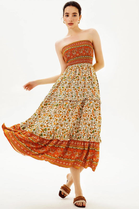 Floral Tube Top Smocked Elastic Midi Dress