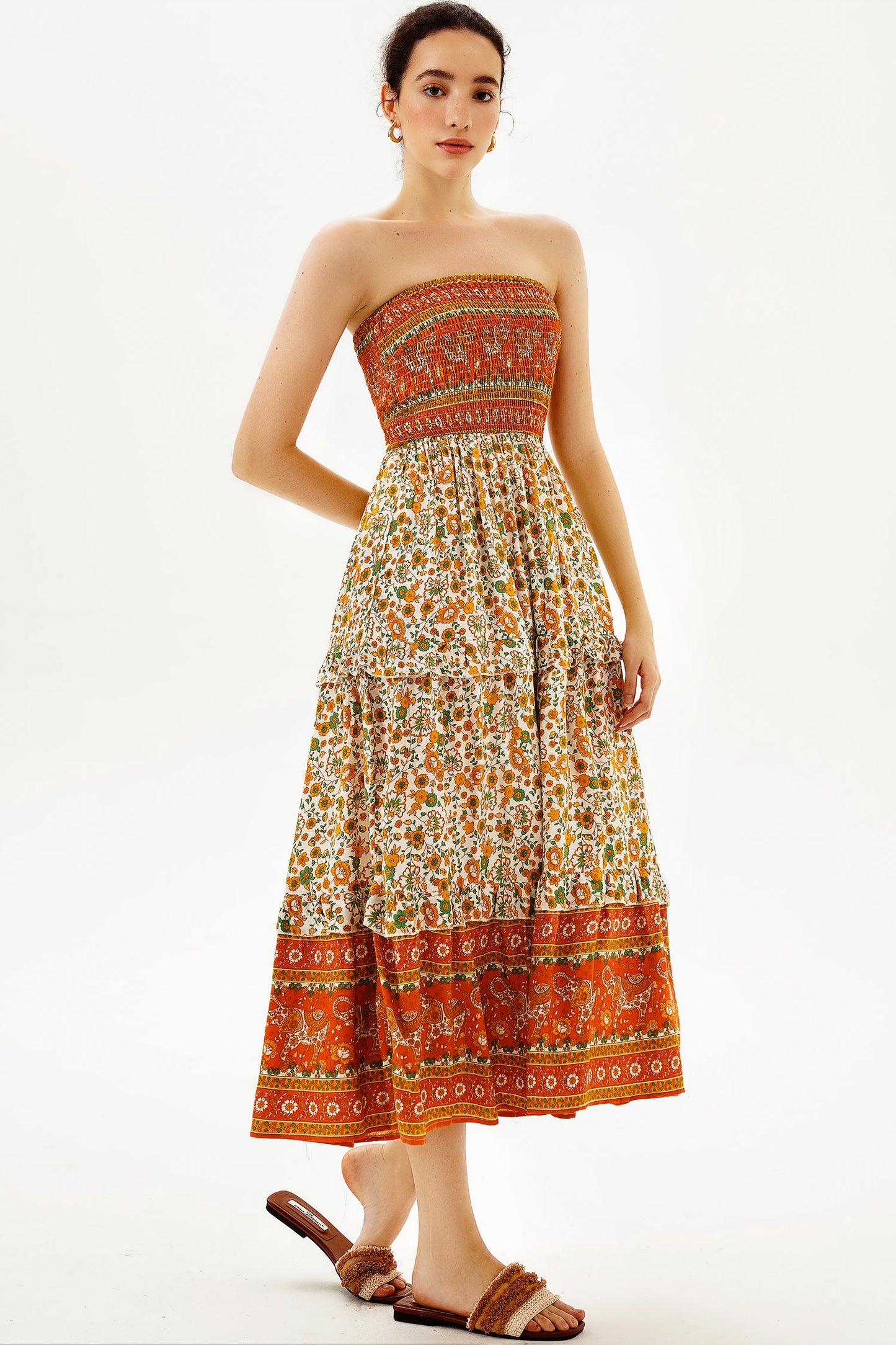 Floral Tube Top Smocked Elastic Midi Dress