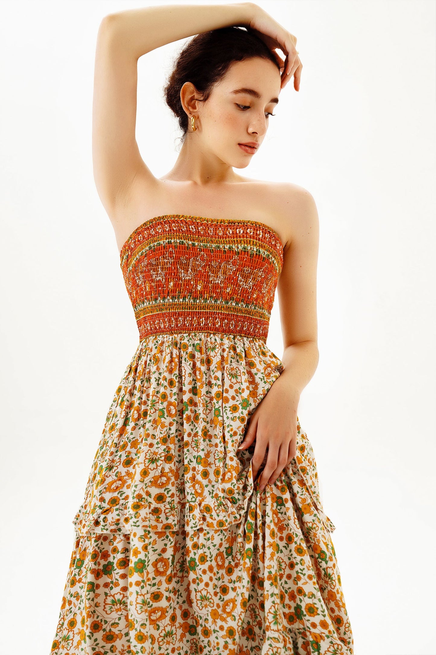 Floral Tube Top Smocked Elastic Midi Dress