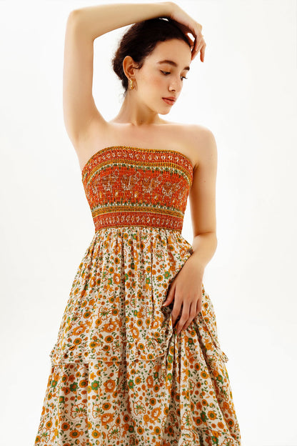 Floral Tube Top Smocked Elastic Midi Dress