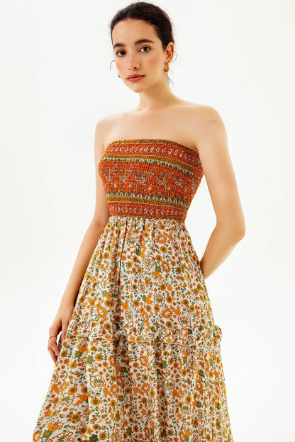 Floral Tube Top Smocked Elastic Midi Dress