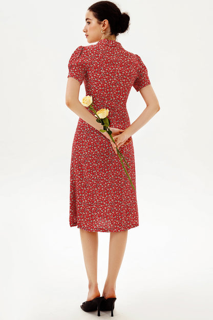 Floral Puff Sleeve Lapel Buttoned Midi Dress