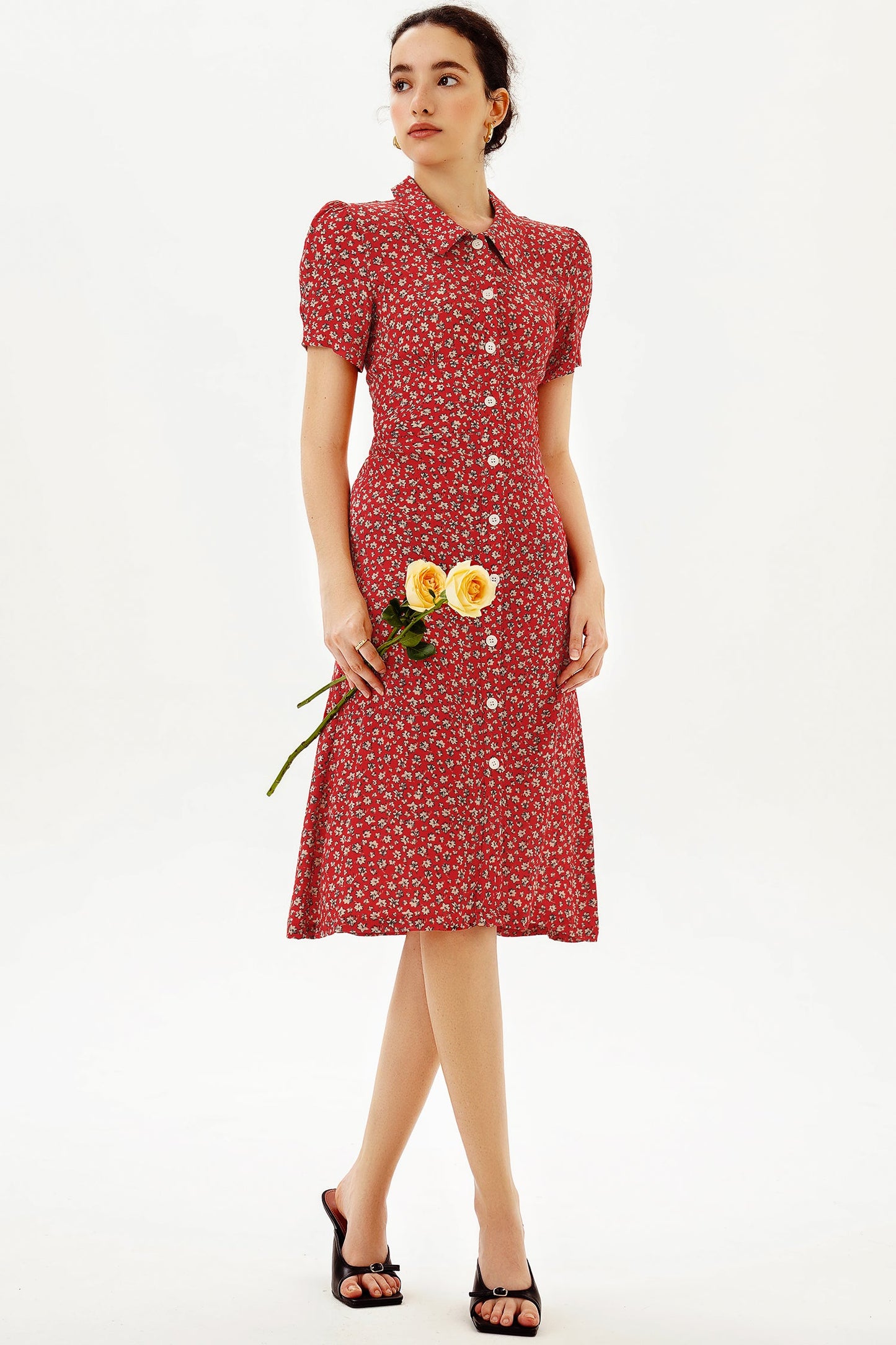 Floral Puff Sleeve Lapel Buttoned Midi Dress