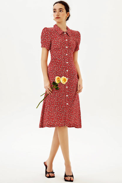 Floral Puff Sleeve Lapel Buttoned Midi Dress