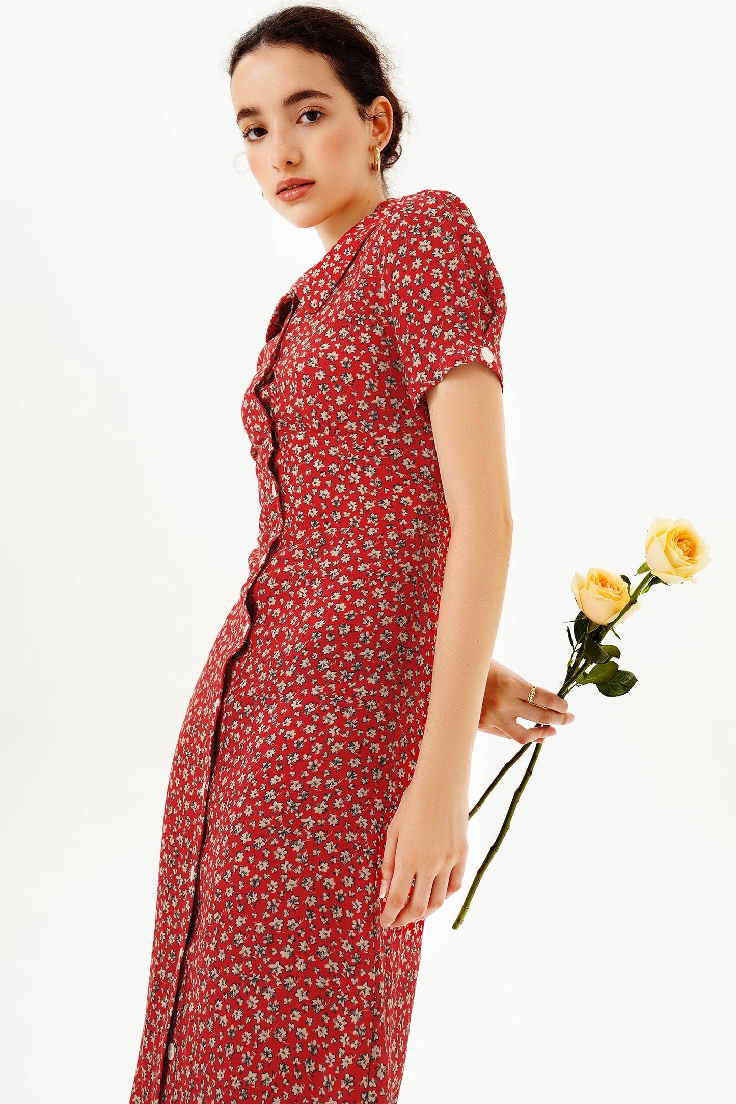Floral Puff Sleeve Lapel Buttoned Midi Dress