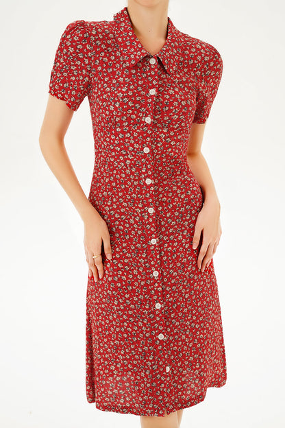 Floral Puff Sleeve Lapel Buttoned Midi Dress