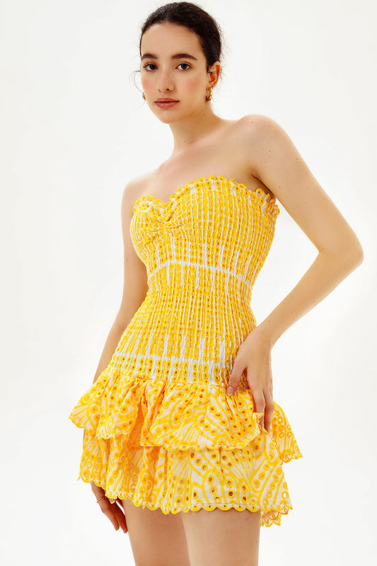 Lace Smocked Elastic Peplum Hem Mini Dress