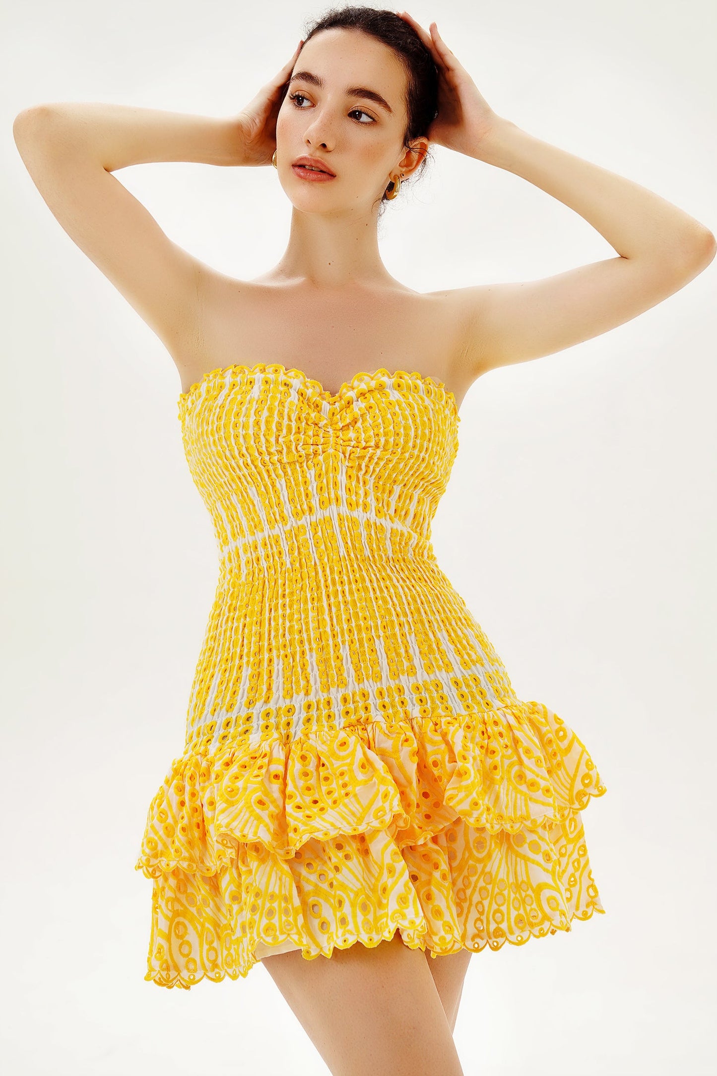 Lace Smocked Elastic Peplum Hem Mini Dress