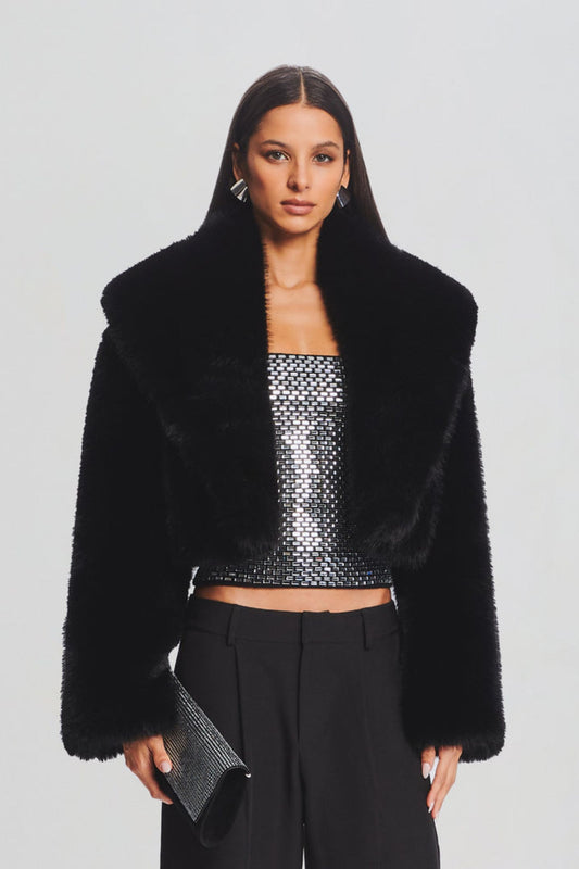 Maud Cropped Shawl Collar Faux Fur Jacket