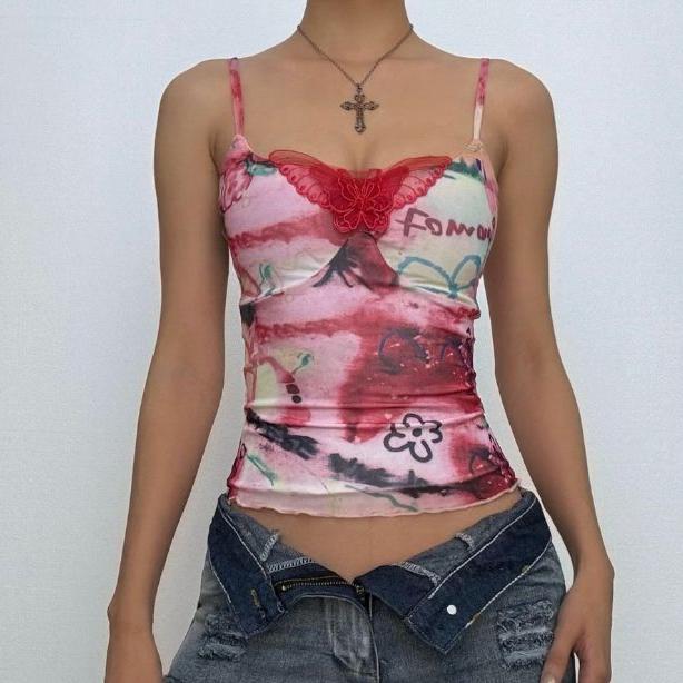 V neck print butterfly applique backless cami top