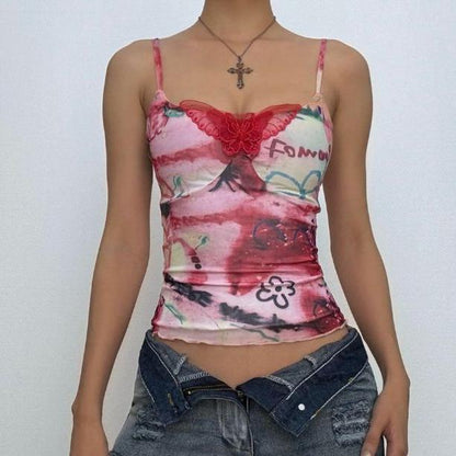 V neck print butterfly applique backless cami top